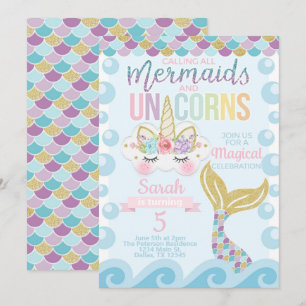 Einladung von Unicorn Mermaid Geburtstagsparty
