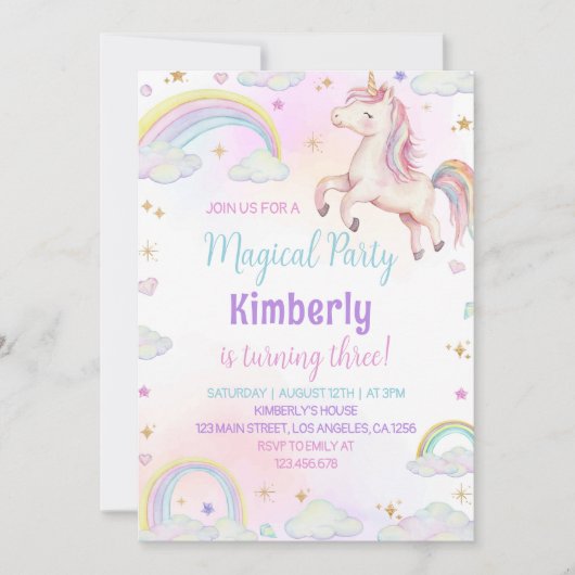 Einladung von Unicorn Pastel Rainbow zum Geburtsta (Vorderseite)