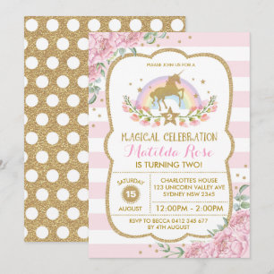 Einladung von Unicorn Rainbow Pink Gold Floral Ein