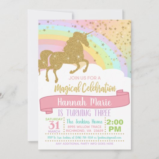 Einladung von Unicorn - Über den Regenbogen und di (Vorderseite)