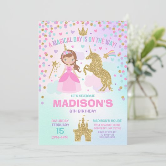 Einladung von Unicorn und Prinzessin Magischer Geb (Stehend Vorderseite)