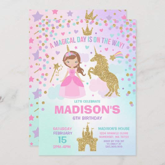 Einladung von Unicorn und Prinzessin Magischer Geb (Vorne/Hinten)