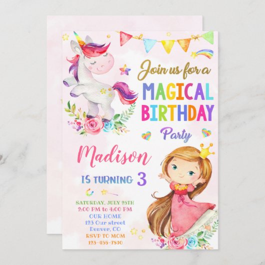 Einladung von Unicorn und Prinzessin zum Geburtsta (Vorne/Hinten)