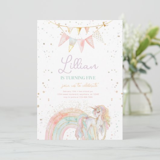 Einladung von Unicorn und Rainbow Pastel zum Gebur (Stehend Vorderseite)