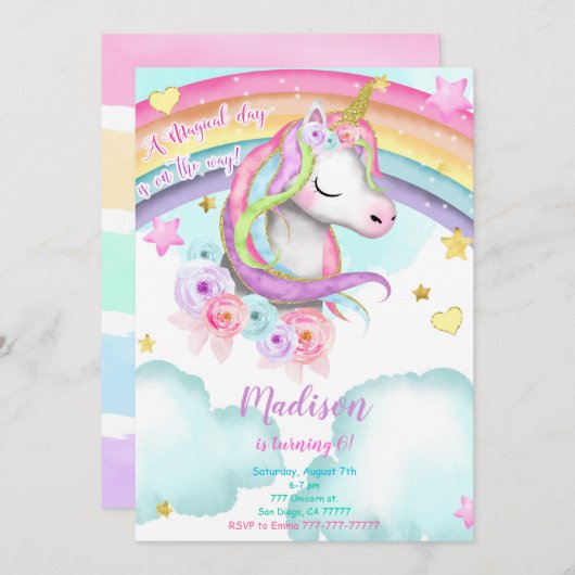Einladung von Unicorn zum Geburtstag (Vorne/Hinten)