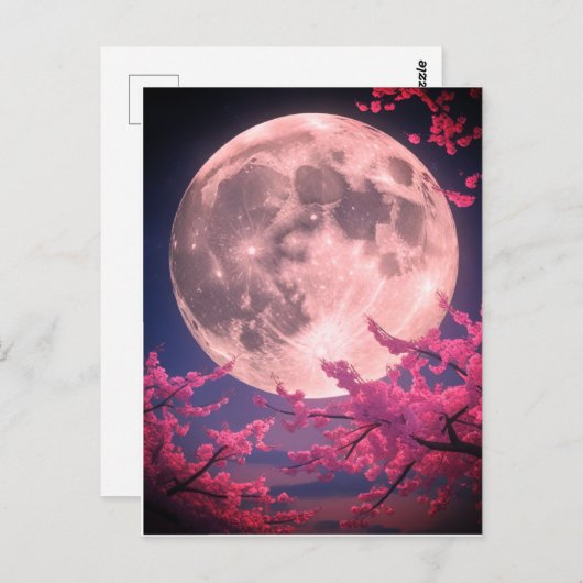 Einladung von Vollmond- und Kirschblüten - Elegant Postkarte (Vorne/Hinten)