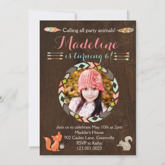 Einladung von Waldtieren zum Geburtstag (Holz) (Vorderseite)