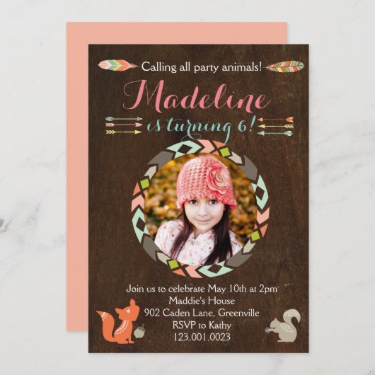 Einladung von Waldtieren zum Geburtstag (Holz) (Vorne/Hinten)