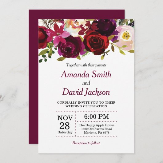 Einladung von Watercolor Burgundy Red Floral Weddi (Vorne/Hinten)