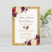 Einladung von Wedding Burgundy Floral Gold Glitzer (Stehend Vorderseite)