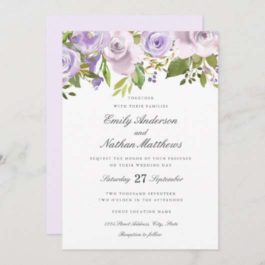 Einladung von Wedding Lilac Lila Watercolor (Vorne/Hinten)