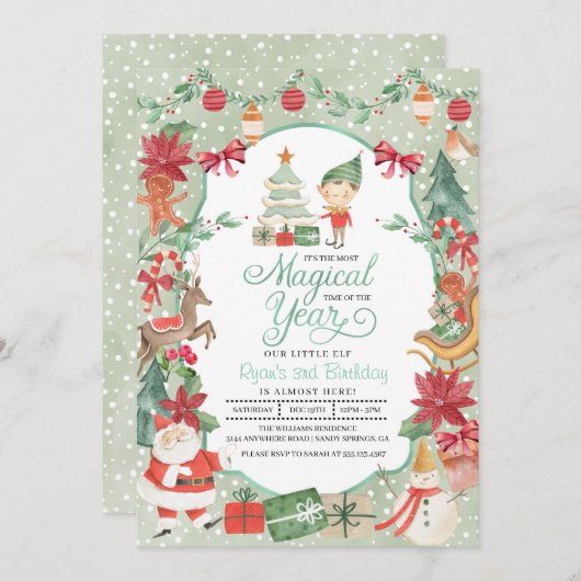 Einladung von Weihnachtself zum Geburtstag (Vorne/Hinten)