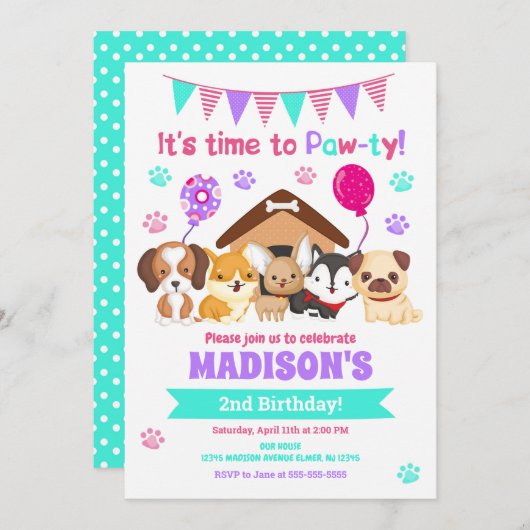 Einladung von Welpen zum Geburtstag / Mädchentraub (Vorne/Hinten)