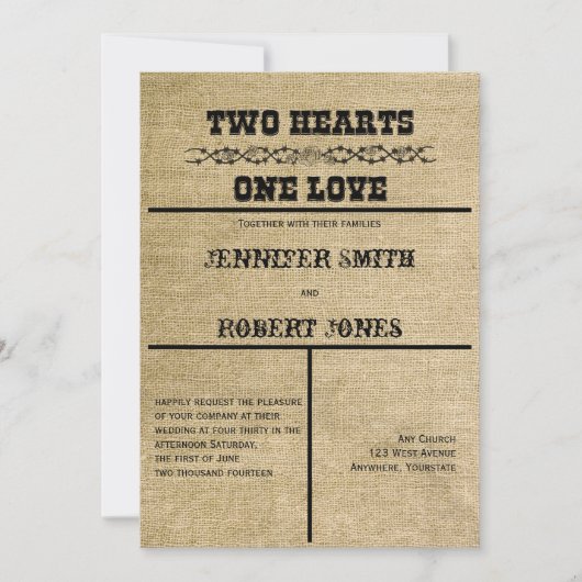 Einladung von Western Burlap zur Hochzeit (Vorderseite)