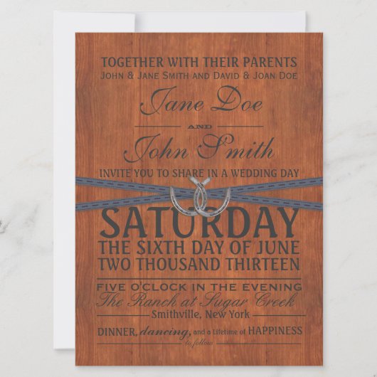 Einladung von Western, Holz und Ribbon zur Hochzei (Vorderseite)