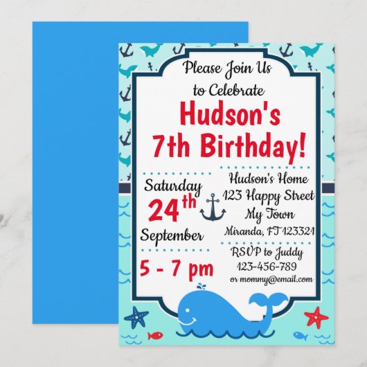 Einladung von Whale Birthday (Vorne/Hinten)