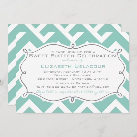 Einladung von White and Blue Zickzack 16 . Geburts (Vorne/Hinten)