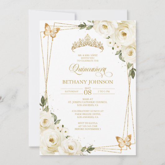 Einladung von White and Gold Quinceañera (Vorderseite)
