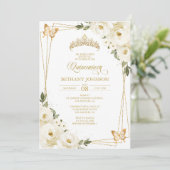 Einladung von White and Gold Quinceañera (Stehend Vorderseite)