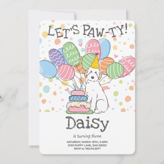 Einladung von White Aussiedoodle Dog Birthday Part (Vorderseite)