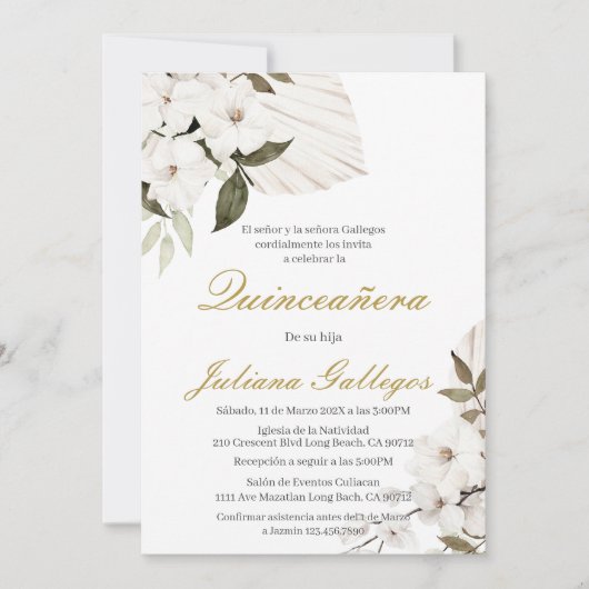 Einladung von White boho floral Quinceanera (Vorderseite)
