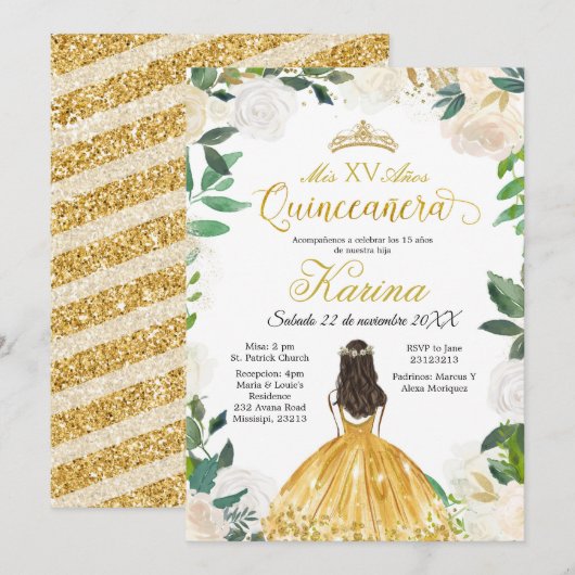 Einladung von White Floral Mexican Gold Quinceaner (Vorne/Hinten)