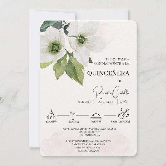 Einladung von White Floral Spanish quinceañera (Vorderseite)