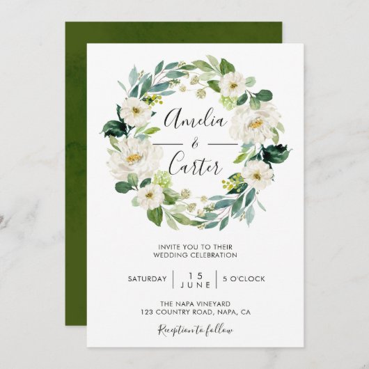 Einladung von White Floral Wreath (Vorne/Hinten)