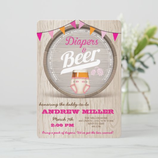 Einladung von Windeln und Bier-Baby-Duschmädchen (Stehend Vorderseite)