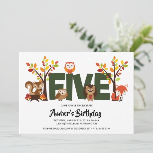 Einladung von Woodland Animal zum fünften Geburtst (Stehend Vorderseite)