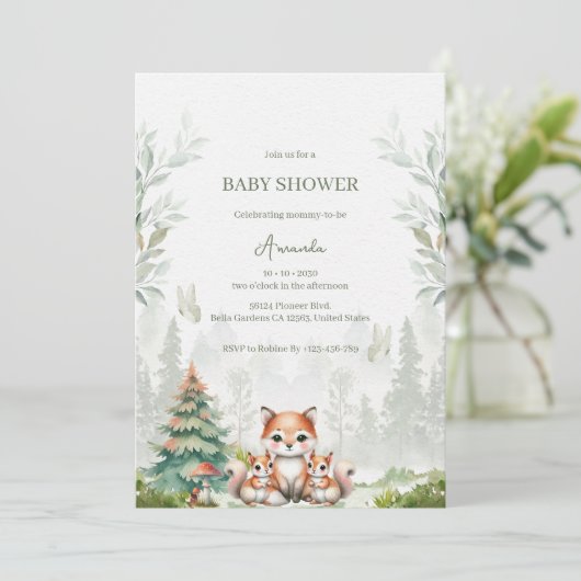 Einladung von Woodland Forest Animal Baby Shower (Stehend Vorderseite)