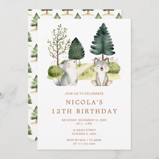 Einladung von Woodland Wolf Geburtstagsparty (Vorne/Hinten)