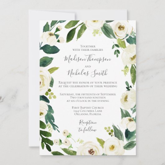 Einladung von Wreath Wedding Greenery White Blume (Vorderseite)