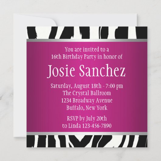 Einladung von Zebra 16 . Geburtstag (Rückseite)