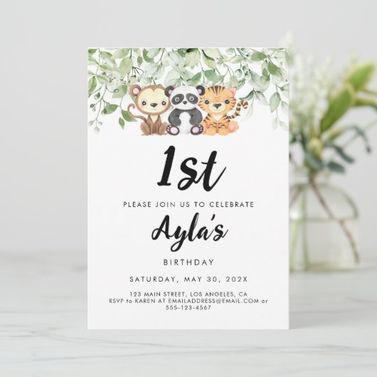 Einladung von Zootieren zum 1. Geburtstag (Stehend Vorderseite)