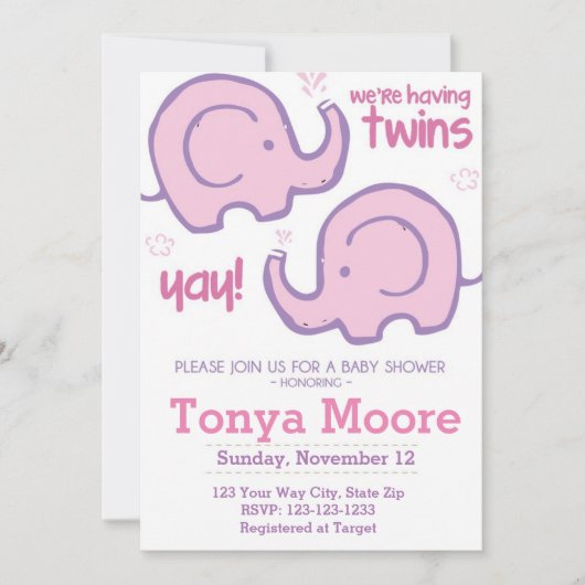 Einladung von zwei Elefanten-Babyduschen (Mädchen) (Vorderseite)