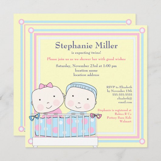 Einladung von Zwillingen im Crib-, Girl- und Boy-B (Vorne/Hinten)