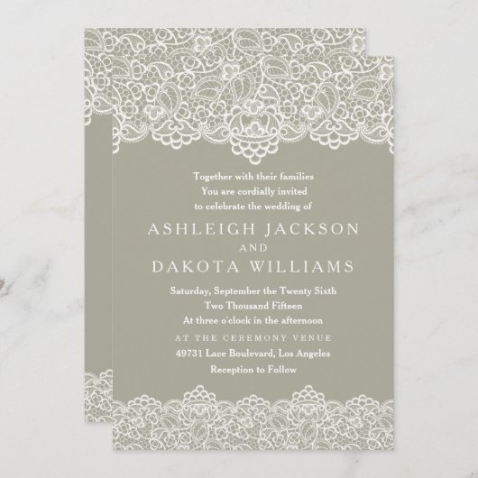 Einladung| Weiße Spitzen aus Olive Green Einladung (Vorne/Hinten)