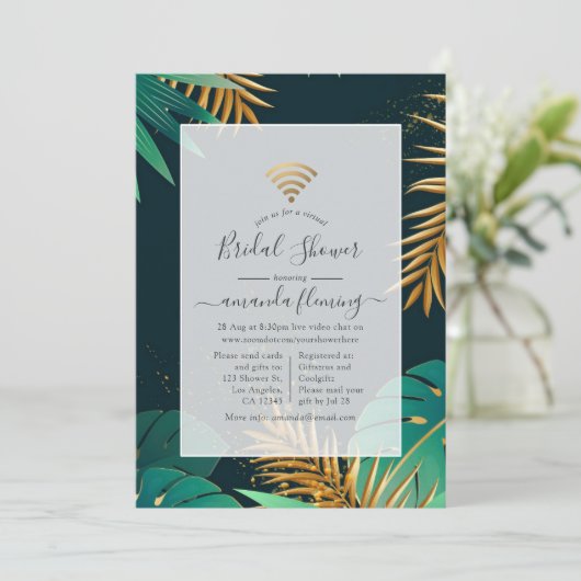 Einladung zu Black and Gold Tropical Shower (Stehend Vorderseite)