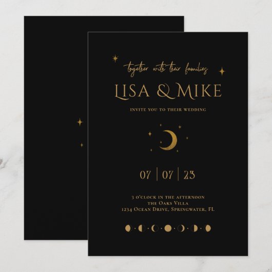 Einladung zu Black & Gold Moon Phasen (Vorne/Hinten)