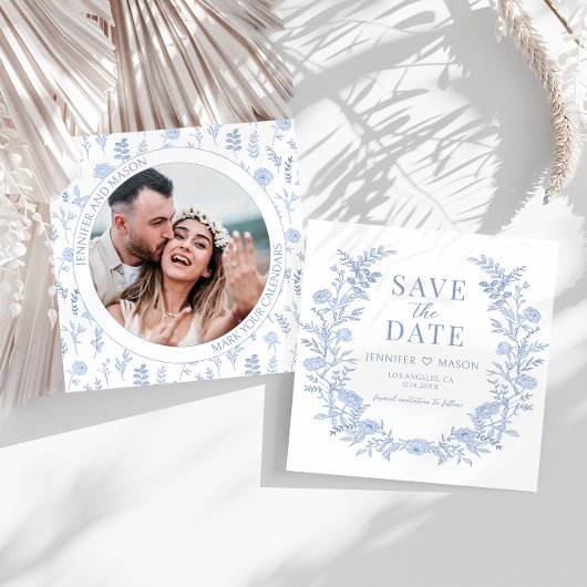 Einladung zu Boho blue floral Save the Date Foto