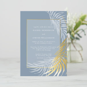 Einladung zu dusty Blue and White Tropical Wedding