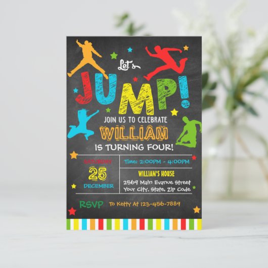 Einladung zu einem Sprung - Trampoline zum Geburts (Stehend Vorderseite)