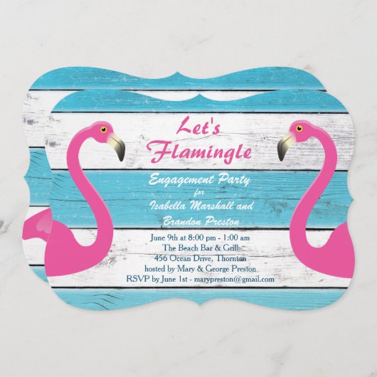 Einladung zu einer Blue & White Flamingo Engagemen (Vorne/Hinten)