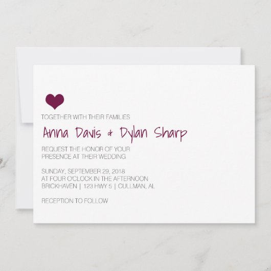 Einladung zu einer einfachen Burgunder Herzhochzei (Vorderseite)