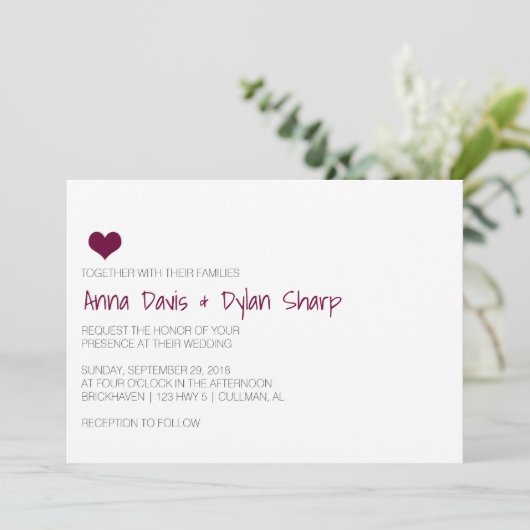 Einladung zu einer einfachen Burgunder Herzhochzei (Stehend Vorderseite)