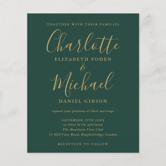 Einladung zu einer Green and Gold Script Hochzeit (Vorderseite)