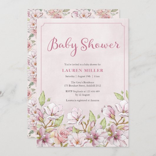 Einladung zu einer Pink Floral Baby Dusche (Vorne/Hinten)