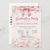 Einladung zu einer rosa Bow & Floral Graduation Pa (Vorne/Hinten)