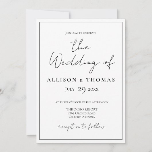 Einladung zu einfachen, schwarzen und weißen Hochz (Vorderseite)